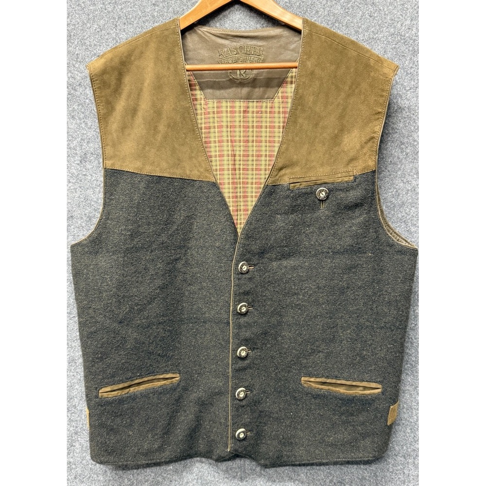 VTG Rascher Sportswear Vest Wool Suede Leather Hunting Shooting Waistcoat Men XL
